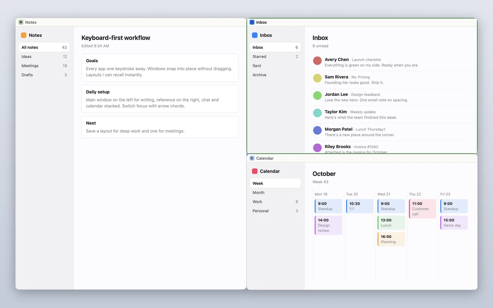 A Mac screen split by Tilemode: a notes window on the left half, an inbox and a calendar stacked on the right half