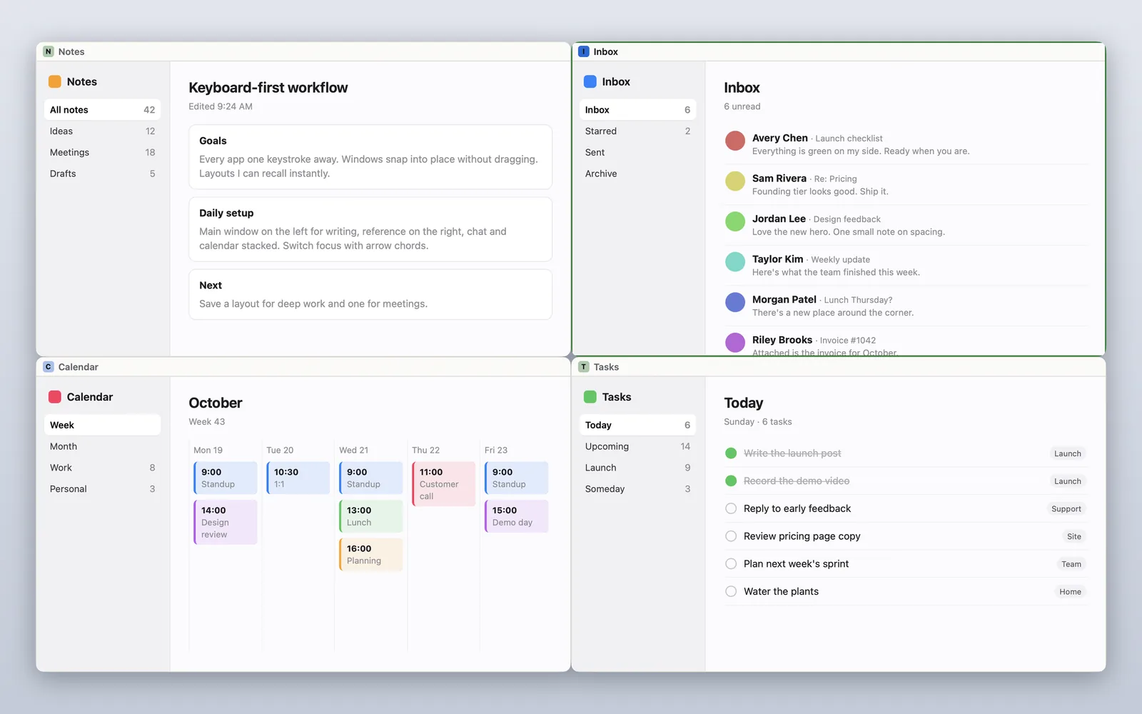 A Mac screen split into four equal windows by Tilemode: notes, inbox, calendar and tasks