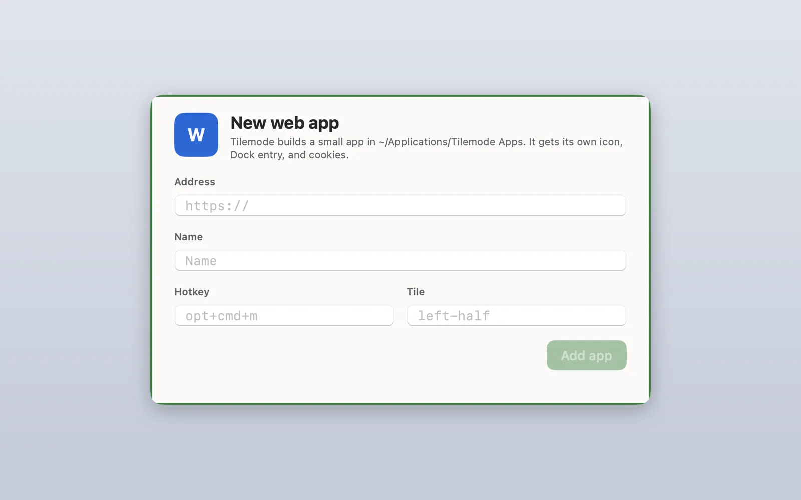 Tilemode’s New web app window on a Mac with fields for the address, name, hotkey and tile